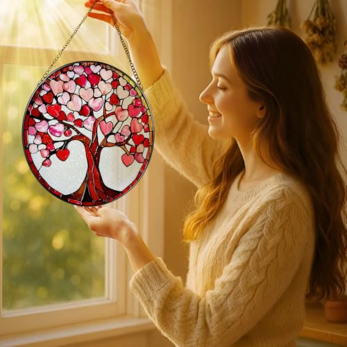 8'' Love Heart Tree Sun Catcher - Stained Glass Window Hanging, Suncatcher for Window Doors Home Decor | Christmas, Birthday, Mother's Day, Valentine's Day Gifts for Her, Girlfriend, Wife, Mom, Friend - color: Heart Tree