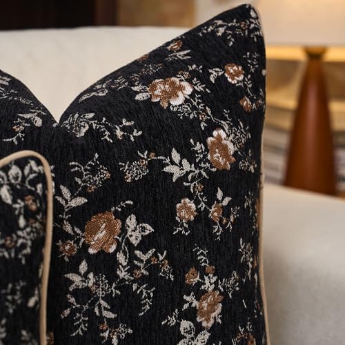 Spring Flower Throw Pillow Cover 18x18 Inches Black Vintage Floral Pillow Cover Farmhouse Summer Cushion Cover Leaf Retro Chenille Pillowcase Home Decor for Sofa Living Room Couch - color: Black, size: 18" x 18" (Pack of 1)