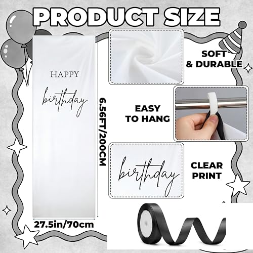 Tingjoo 27x78" Happy Birthday Banner White, Black Backdrop Bow Hanging - color: White, Black, style: Happy Birthday