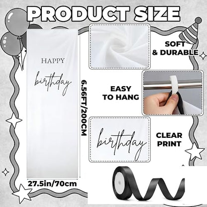 Tingjoo 27x78" Happy Birthday Banner White, Black Backdrop Bow Hanging - color: White, Black, style: Happy Birthday