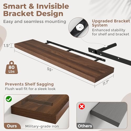 55 Inch Floating Shelves, 12"Deep Wall Shelf, 80 Lbs Capacity, Walnut, 2pcs - color: Walnut, size: 55"Wx12"Dx1.5"H