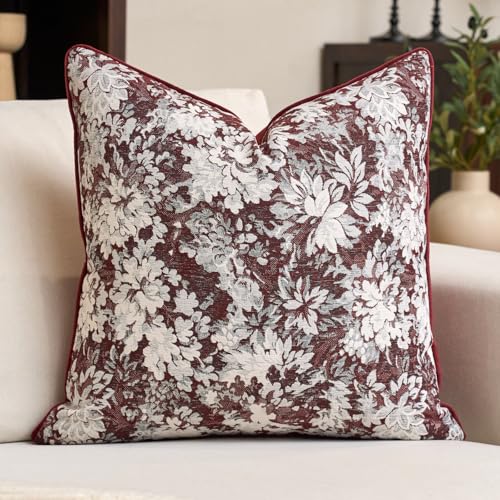 Alerfa Burgundy Neutral Floral Pillow Cover 20 x 20 Inch, Vintage Chenille Square Couch Pillow Cover Soft Decorative Farmhouse Accent Pillowcase for Living Room Bedroom - color: Burgundy, size: 20" x 20" (Pack of 1)