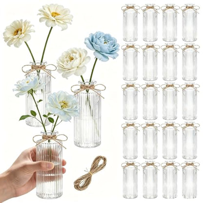 Glass Bud Vases Set of 20, Clear Small Flower Vases Bulk with Twines Ropes, Mini Ribbed Vase for Centerpieces, Decorative Glass Vases for Wedding Table, Party, Home Decor