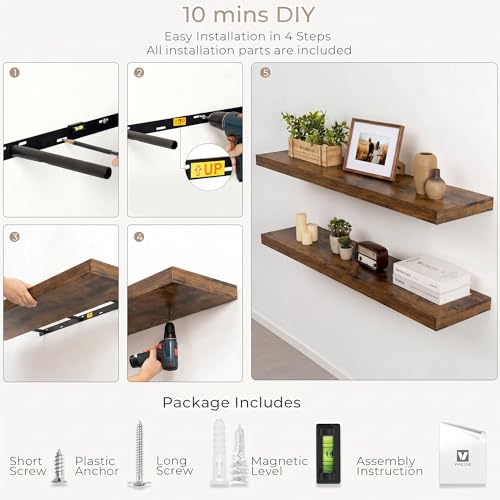 Vivelove 8 Inch Deep Floating Shelves, 24 x 8 Inch，Rustic Brown, Set of 2 - color: Rustic Brown, size: 24"Wx8"Dx1.4"H