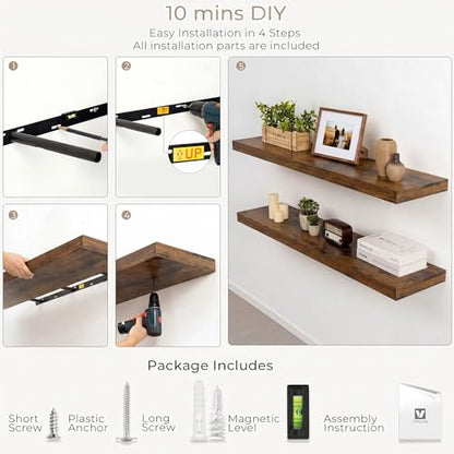 Vivelove Deep Floating Shelves 48 x 8 Inch, Rustic Brown, Set of 2 - color: Rustic Brown, size: 48"Wx8"Dx1.4"H