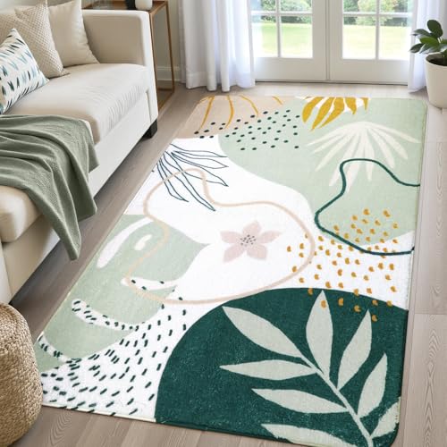 Lahome Green Botanical Print Small Throw Rugs Modern Abstract Non-Slip 3x5 Minimalist Art Area Rug Accent Distressed WashableFloor Carpet for Living Room Bedroom Entryway - color: Green, size: 3' x 5' (Rectangular)