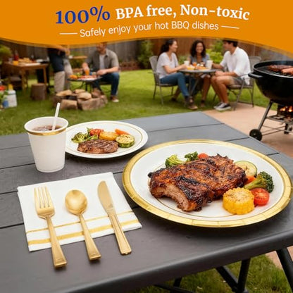 AIRE Gold White Paper Plates Set, 350PCS Disposable Tableware for 50 - color: 350pcs White Gold