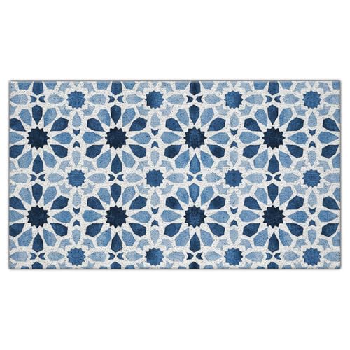 Jvpke Blue Floral Door Mat, Moroccan Tile Welcome Mat, 17x30 Inches - color: Blue Floral