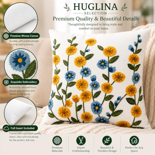 Selection Embroidered Floral Throw Pillow, 18x18 Inch Decorative Pillow with Insert Included, Ivory White Woven Canvas Cushion, Yellow & Blue Wildflower Embroidery, Hidden Zipper, Home Decor