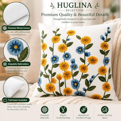 Selection Embroidered Floral Throw Pillow, 18x18 Inch Decorative Pillow with Insert Included, Ivory White Woven Canvas Cushion, Yellow & Blue Wildflower Embroidery, Hidden Zipper, Home Decor