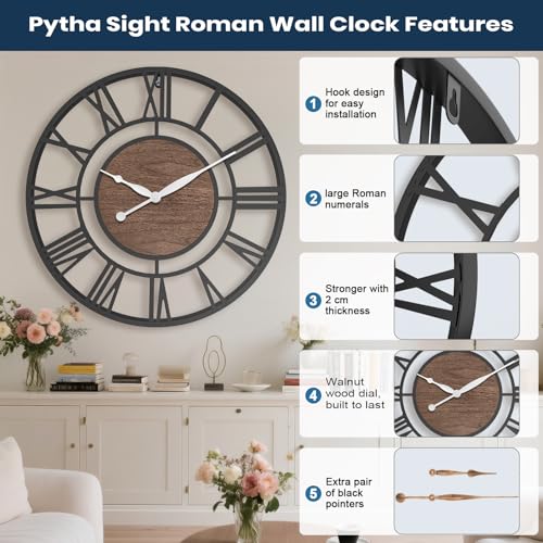 Pytha Sight 24 Inch Walnut Roman Numerals Large Wall Clocks for Living Room - color: Black Walnut, size: 24 Inch