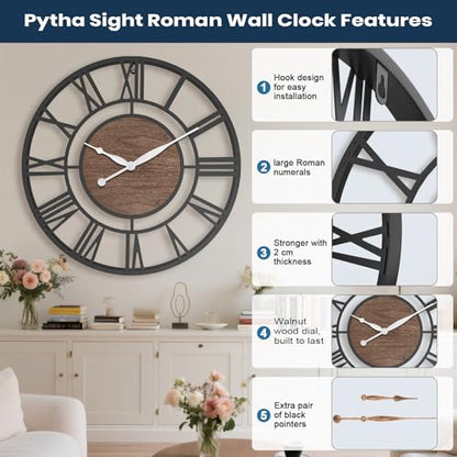 Pytha Sight 24 Inch Walnut Roman Numerals Large Wall Clocks for Living Room - color: Black Walnut, size: 24 Inch