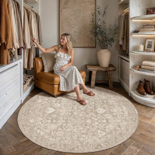 HUGEAR 6x6 Beige Neutral Round Rugs Washable Rug Carpet - color: Beige, size: 6' (Round)