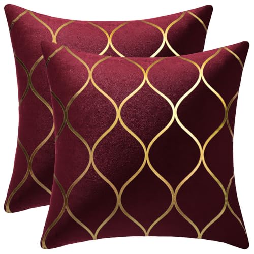 DEZENE Gold Velvet Throw Pillow Covers: 2 Pack 22x22 Inch Square Decorative Pillow Cases for Bedroom Sofa Couch Living Room, Christmas Burgundy Red - color: Burgundy Red, size: 22" x 22" (Pack of 2)