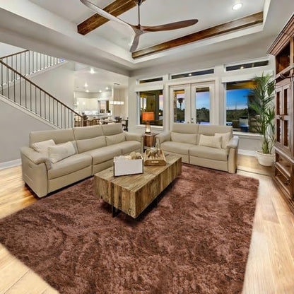 Brown Fluffy Shag Area Rug, Non-Slip Thick Soft Carpet for Home - color: Brown, size: 5' x 7' (Rectangular)