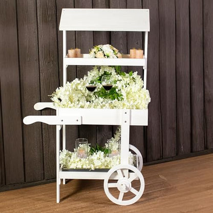 Sunnydaze Flower Cart Display Stand with Wheels, Fir Wood, 49” H, White - color: White