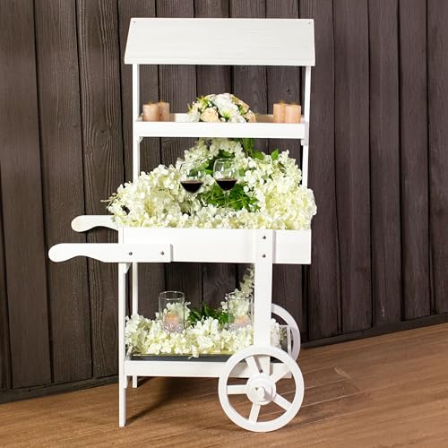 Sunnydaze Flower Cart Display Stand with Wheels, Fir Wood, 49” H, White - color: White
