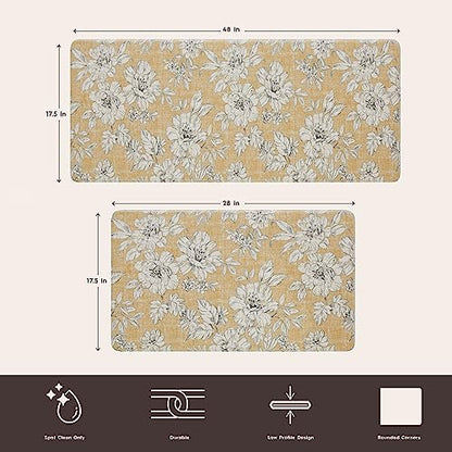 Laura Ashley - Anti-Fatigue Kitchen Mat, Iris Floral Design, Stain, Water & Fade Resistant, Cooking & Standing Relief, Non-Slip Backing, 2 Piece Set, Tawny Yellow - color: Tawny Yellow, size: 48"L x 17.5"W / 28"L x 17.5"W