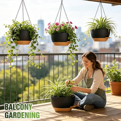 10 Inch Self-Watering Hanging Planters Set of 3 with Saucers - color: Black Brown, size: 10 Inch 3 Pack