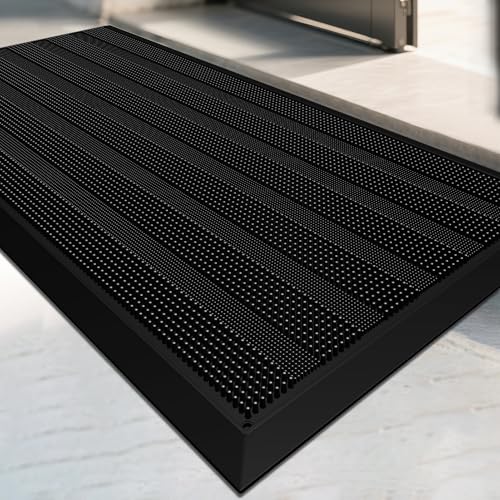 Mibao Front Door Mat Entrance, Waterproof All Weather All Season Non-Slip Rubber Welcome Mat, Dirt Trapper Low-Profile Heavy Duty Mud Doormat for Patio Entryway Garage Pool, 17" x 36", Black - color: Black, size: 1'5" x 3' (Rectangular)
