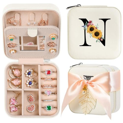 AYGXU Travel Jewelry Box for Women and Girls - Small Case With Initial A-Z - Teacher Gifts - color: white, size: N