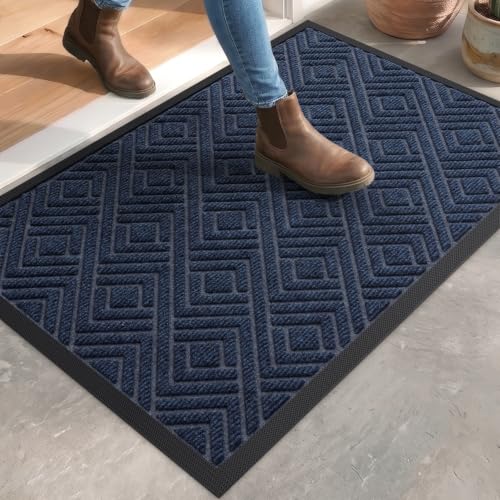DEXI Front Door Mat Outside Entrance 17x30 Heavy Duty Rubber Entry Doormat | Checkered Navy, Dirt Trapper, Non Slip Low Profile Floor Mats for Entryway Exterior Patio - color: Checkered Navy, size: 17" X 30" (Rectangular)