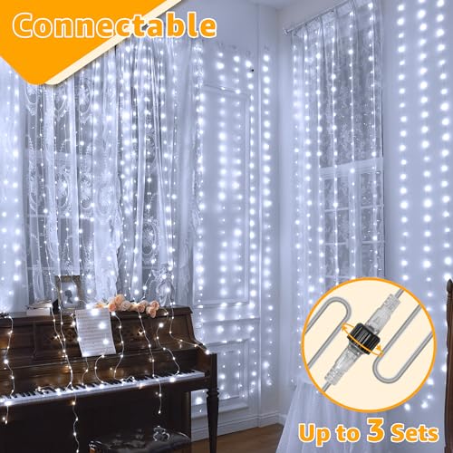Ollny Curtain Lights 300LED 9.8ftx9.8ft, Connectable IP67 Waterproof - color: Cool White, size: 9.8 ft