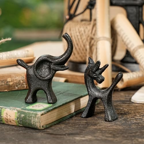 Sungmor Set of 2 Cast Iron Elephant & Unicorn Figurines - Rustic Black - color: Black & Elephants