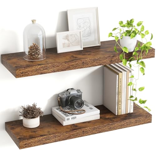 Acovy 24 Inch Floating Shelves, 8 Inch Deep Floating Shelves for Wall, Hanging Shelf with Invisible Brackets, Deep Shelves for Bathroom, Bedroom, Living Room, Brown, Set of 2 - color: Brown, size: 8"Wx24"L-2pcs