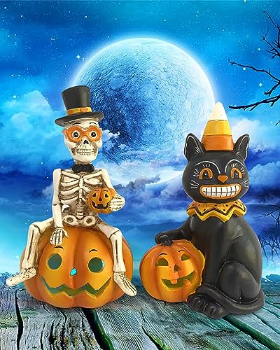 iStatue Halloween Decorations Indoor, 2-Pack Resin Black Cat & Skeleton on Pumpkin with Jack-o’-Lantern Lights Gift for Fireplace Tabletop Party Tiered Tray Decor (Skeleton & Cat)