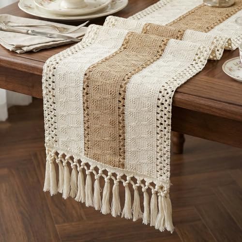 Boho Macrame Table Runner with Tassels 72in Brown Farmhouse Runner - color: White & Brown, size: 12'' x 72''