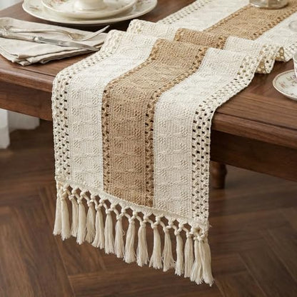 Boho Macrame Table Runner with Tassels 72in Brown Farmhouse Runner - color: White & Brown, size: 12'' x 72''