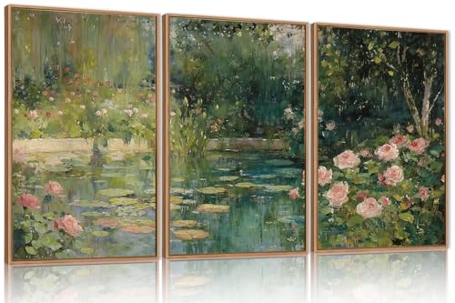 FWIEXA Monet Floral Framed Canvas Wall Art Set, Impressionist Botanical Garden Wall Decor, Vintage Ponds Tree Plant Artwork, Nature Landscape Prints for Living Room, Bedroom - Size 24"x36"x3 - color: Oil Painting Garden, size: 24"L x 36"W