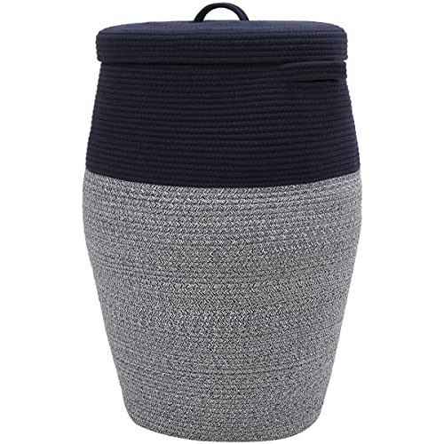 26"x20" Handcrafted Tall Cotton Rope Basket with Lid, Stylish Flagon Shape with Cover, Clothes Hamper with Top, for Bedroom and Living Room, Dark Blue Mix - color: Dark Blue Mix