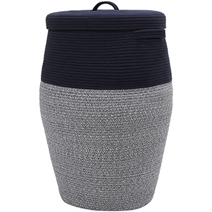 26"x20" Handcrafted Tall Cotton Rope Basket with Lid, Stylish Flagon Shape with Cover, Clothes Hamper with Top, for Bedroom and Living Room, Dark Blue Mix - color: Dark Blue Mix