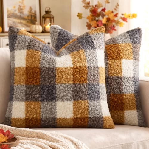 MIULEE Fall Plaid Pillow Covers Boucle Yellow Blue 16x16 Set of 2 - color: Yellow Blue, size: 16" x 16" (Pack of 2)