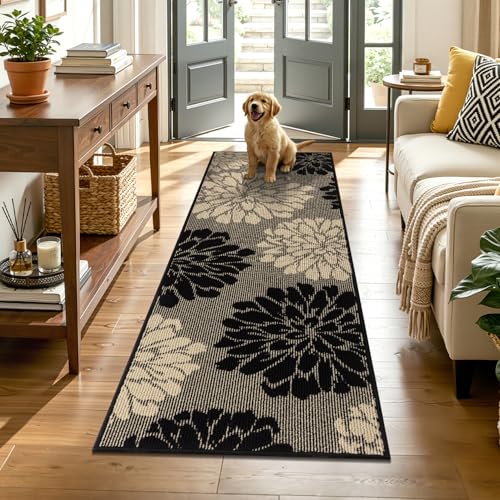 Findosom Kitchen Rugs Sets of 2, Floral Washable Kitchen Runner Rug, Black - color: Black/Beige, size: 24" x 36" + 24" x 71"