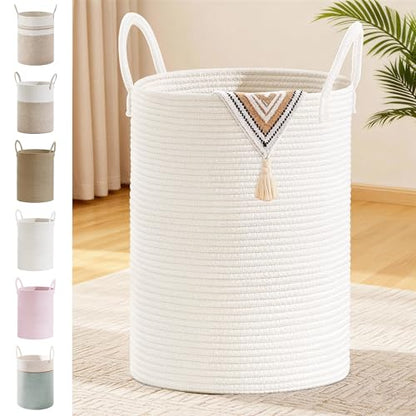 100L Extra Large Tall Cotton Rope Laundry Basket with Handle, White - color: White, size: 100L