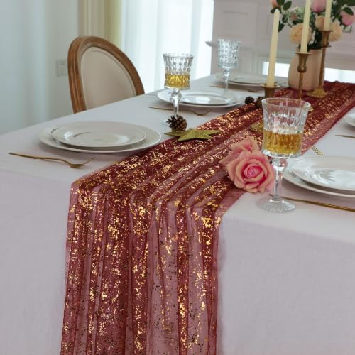 Snowkingdom 10Pcs 10Ft Burgundy Gold Gauze Sheer Table Runner - color: Burgundy Gold, size: 10FT/10Pcs