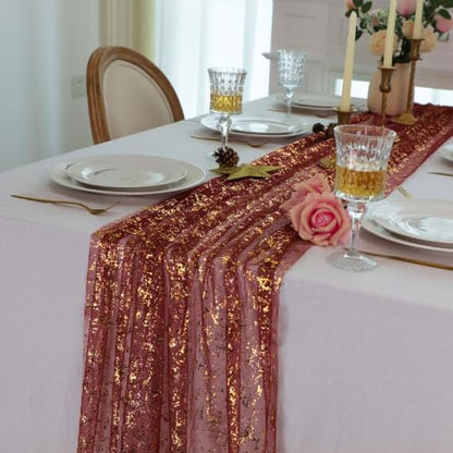 Snowkingdom 10Pcs 10Ft Burgundy Gold Gauze Sheer Table Runner - color: Burgundy Gold, size: 10FT/10Pcs