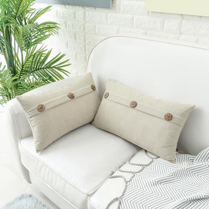 HWY 50 Cream White Chenille Throw Pillow Covers 12x20 Inch Buttons - color: Cream White, size: 20" x 12" (Pack of 2)