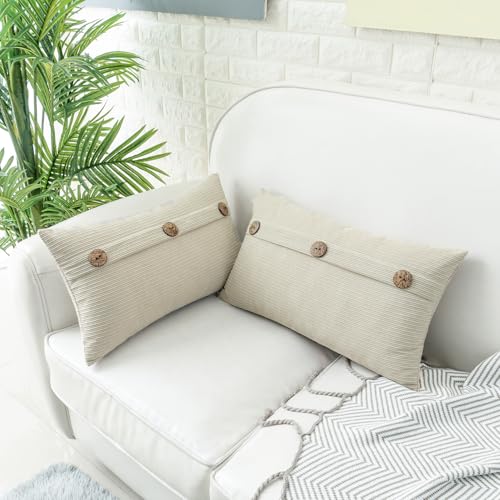HWY 50 Cream White Chenille Throw Pillow Covers 12x20 Inch Buttons - color: Cream White, size: 20" x 12" (Pack of 2)