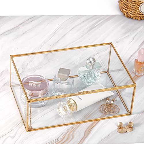 Golden Vintage Clear Glass Lidded Box Edge Bracelet Keepsake Decorative Jewelry Display Home Decor (10.8x7x4 in)