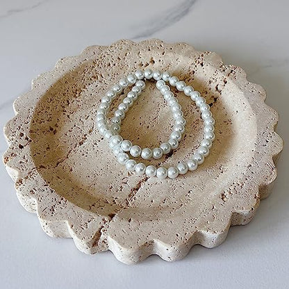 Travertine Marble Tray Round Scalloped Tray Small Serving Platter for Counter, Bathroom, Kitchen, Nightstand, Jewelry Ring Dish Holder (Beige Travertine) - color: Beige Travertine