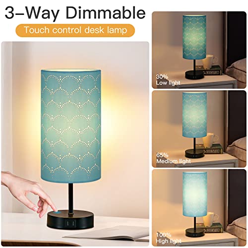 CINSARY Touch Control Bedside Lamp with 2 USB Ports, 3-Way Dimmable Table lamp for Bedroom, Nightstand Lamp with Round Blue Fabric Shade for Living Room Home Office (E26 LED Bulb Included) - color: Blue-15" H