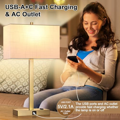 21" Touch Bedside lamps with 2 USB & AC Outlets, 3-Way Dimmable Bedside Table Lamps Set of 2 for Bedroom Living Room Office Reading, White Shade Lamps for Night Stands, 2700K LED Bulbs Included - color: White Linen & Brass