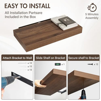Acovy 24 Inch Floating Shelves, 12" Deep Floating Shelf Wall Mounted, 24" Wall Shelves, Rustic Deep Bookshelf, Extra Deeper & Thicker Display Shelves for Bedroom, Living Room, Walnut, Set of 2 - color: Walnut, size: 12"Wx24"L-2pcs