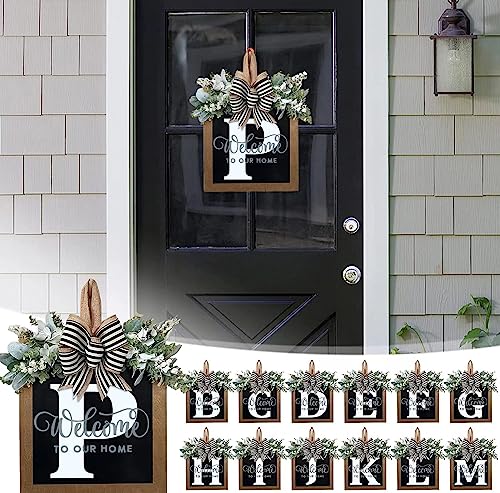 Last Name All Year Round Front Door Wreath with 26 Initial Letter Welcome Sign All Seasons Eucalyptus Garland and Bow ，Farmhouse, Porch, for Spring Summer Fall All Seasons Holiday Halloween Christmas.（P） - color: P