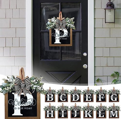 Last Name All Year Round Front Door Wreath with 26 Initial Letter Welcome Sign All Seasons Eucalyptus Garland and Bow ，Farmhouse, Porch, for Spring Summer Fall All Seasons Holiday Halloween Christmas.（P） - color: P