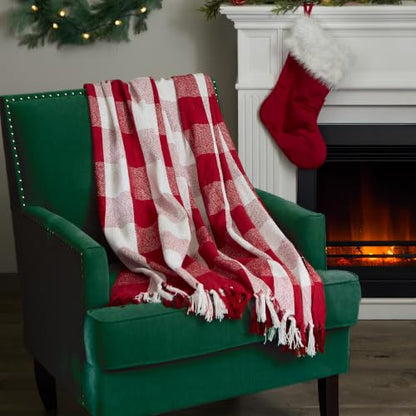 DII Buffalo Check Collection Rustic Farmhouse Throw Blanket with Tassles, 50x60, Red/White - color: Red/White, size: 50x60"